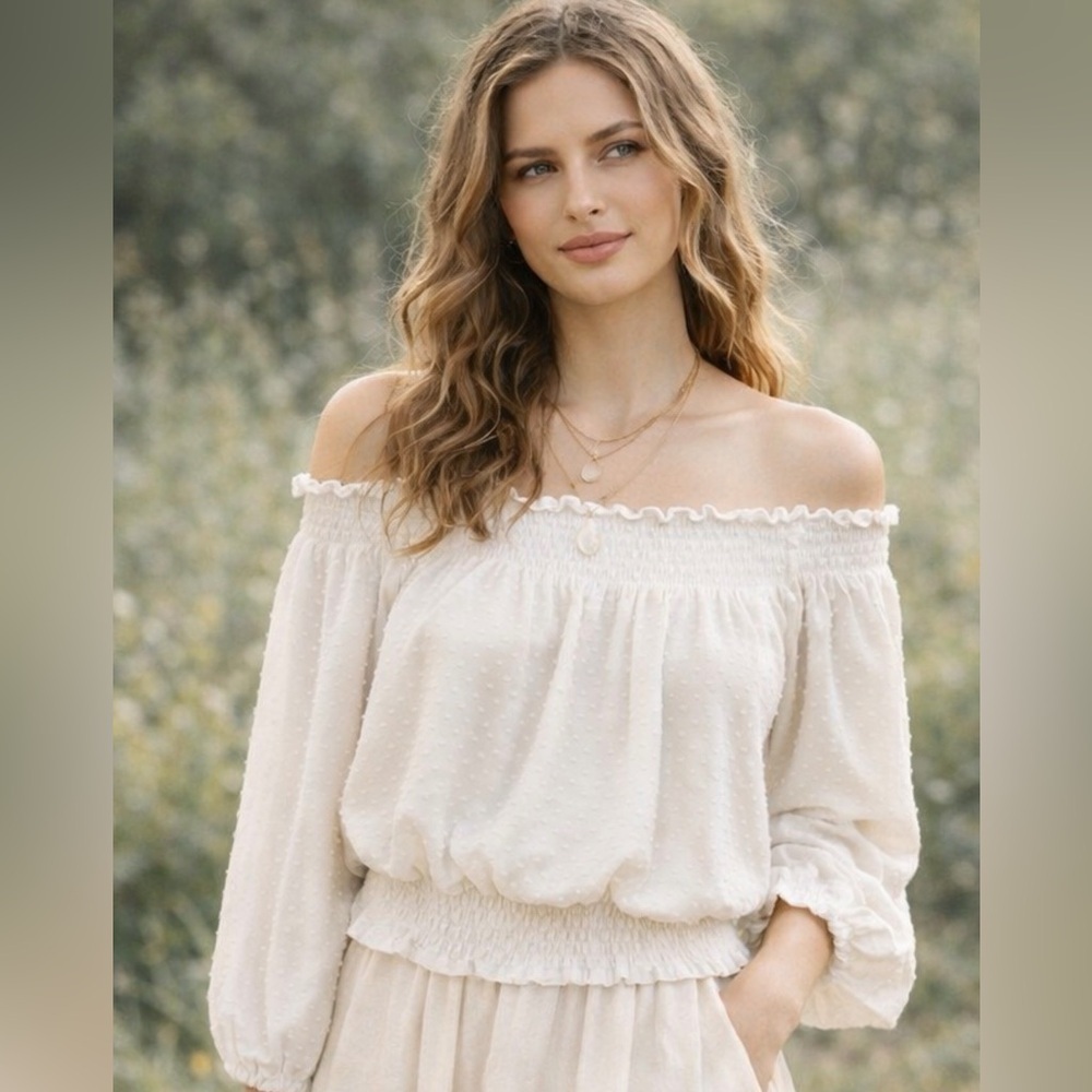 H&M White Swiss Dot Off Shoulder Peasant Top Romantic Boho Blouse Sz Small